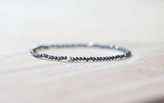 Delicate Hematite Stretch Bracelet, Faceted Tiny Beaded Black Gemstone Jewelry, Elastic Bracelet