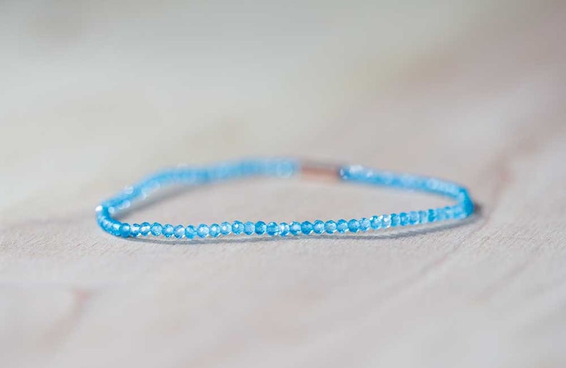 Peacock Apatite Stretch Bracelet, Delicate Beaded Blue Gemstone Skinny Bracelet