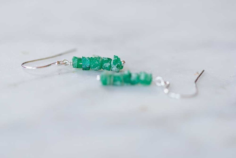 Rough Emerald Earrings, Rose Gold Filled or Sterling Silver, Raw Green Gemstone Jewelry, May Birthstone Dangle Stack