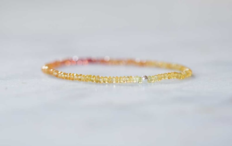 Yellow, Orange and Red Sapphire Stretch Bracelet, September Birthstone Beaded Elastic Jewelry, Dainty Padparadscha Sapphires