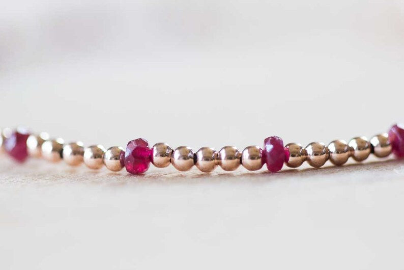 Dainty Rose Gold Fill Beaded Bracelet with Ruby, Skinny Beaded Stacking Jewelry, Sterling Silver July Birthstone