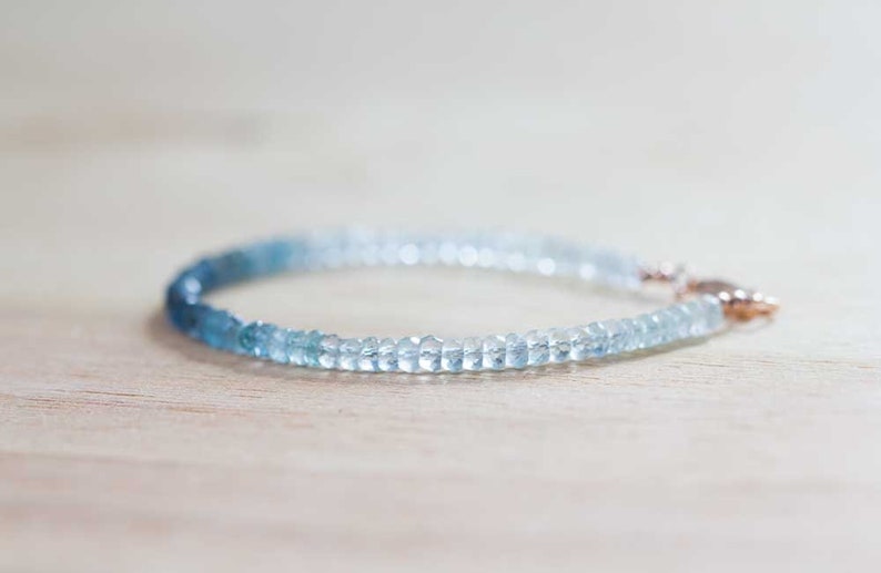 Moss Aquamarine Bracelet, Shaded Beaded Aquamarine Jewelry, Dainty March Birthstone Stackable Bracelet