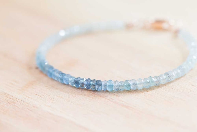 Moss Aquamarine Bracelet, Shaded Beaded Aquamarine Jewelry, Dainty March Birthstone Stackable Bracelet