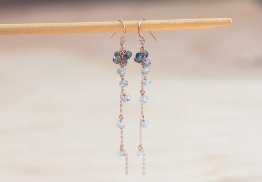 Moss Aquamarine Dangle Earrings, Delicate Sterling Silver or Rose Gold Filled Cluster Earrings