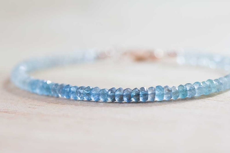 Moss Aquamarine Bracelet, Shaded Beaded Aquamarine Jewelry, Dainty March Birthstone Stackable Bracelet