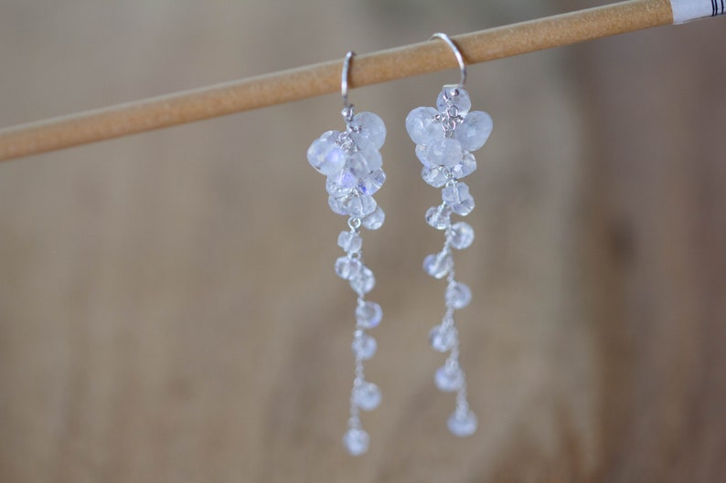Rainbow Moonstone Cluster Dangle Earrings, Delicate Sterling Silver or Rose Gold Filled Bridal Jewelry