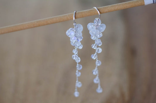 Rainbow Moonstone Cluster Dangle Earrings, Delicate Sterling Silver or Rose Gold Filled Bridal Jewelry