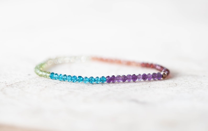 Gemstone Stretch Rainbow Bracelet, Delicate Beaded Genuine Multi Colors, Elastic Stacking Claspless Jewelry