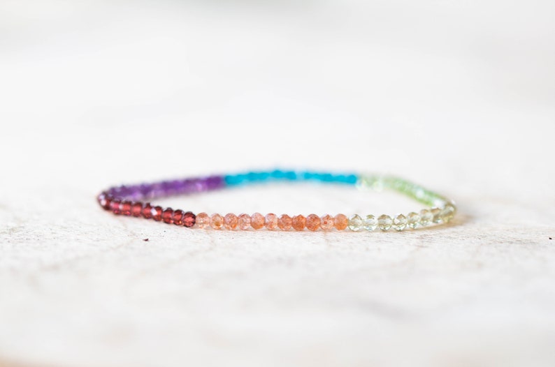 Gemstone Stretch Rainbow Bracelet, Delicate Beaded Genuine Multi Colors, Elastic Stacking Claspless Jewelry