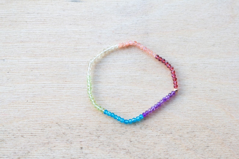 Gemstone Stretch Rainbow Bracelet, Delicate Beaded Genuine Multi Colors, Elastic Stacking Claspless Jewelry