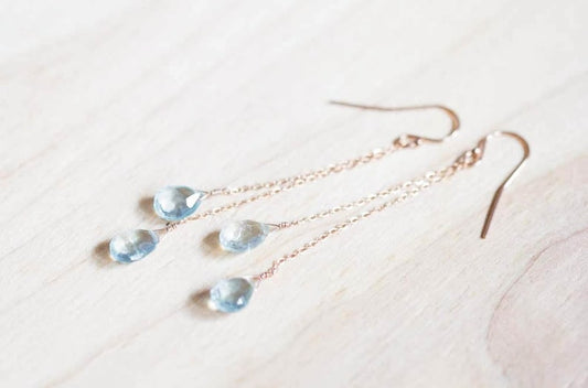 Aquamarine Earrings on Rose Gold Filled or Sterling Silver Earwire, Long Blue Genuine Gemstone Dangle Earrings, March Birthstone Jewelry