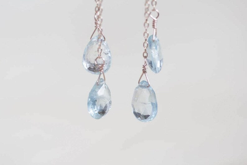 Aquamarine Earrings on Rose Gold Filled or Sterling Silver Earwire, Long Blue Genuine Gemstone Dangle Earrings, March Birthstone Jewelry