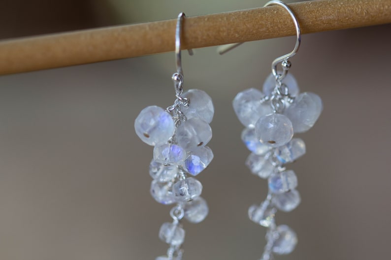 Rainbow Moonstone Cluster Dangle Earrings, Delicate Sterling Silver or Rose Gold Filled Bridal Jewelry