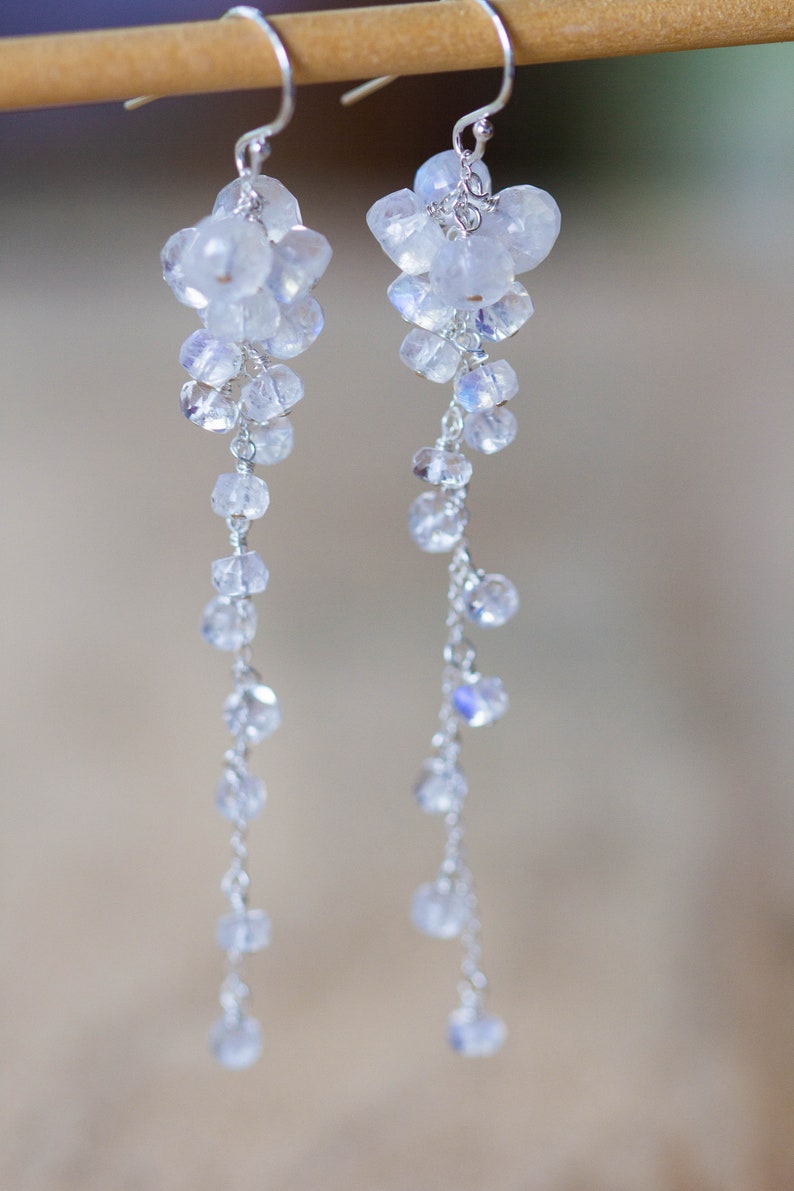 Rainbow Moonstone Cluster Dangle Earrings, Delicate Sterling Silver or Rose Gold Filled Bridal Jewelry