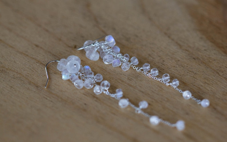 Rainbow Moonstone Cluster Dangle Earrings, Delicate Sterling Silver or Rose Gold Filled Bridal Jewelry
