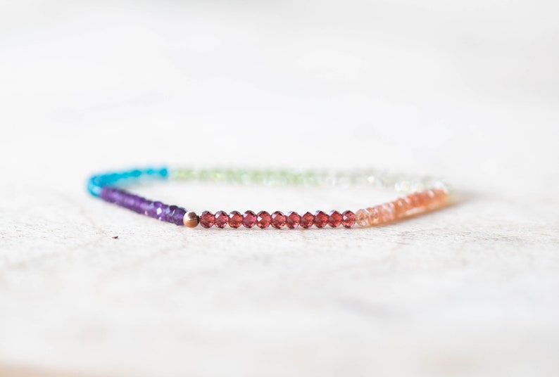 Gemstone Stretch Rainbow Bracelet, Delicate Beaded Genuine Multi Colors, Elastic Stacking Claspless Jewelry