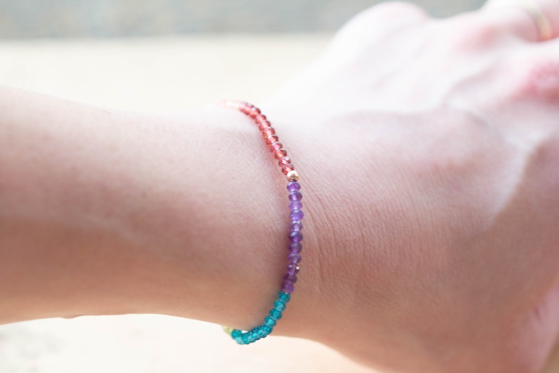 Gemstone Stretch Rainbow Bracelet, Delicate Beaded Genuine Multi Colors, Elastic Stacking Claspless Jewelry