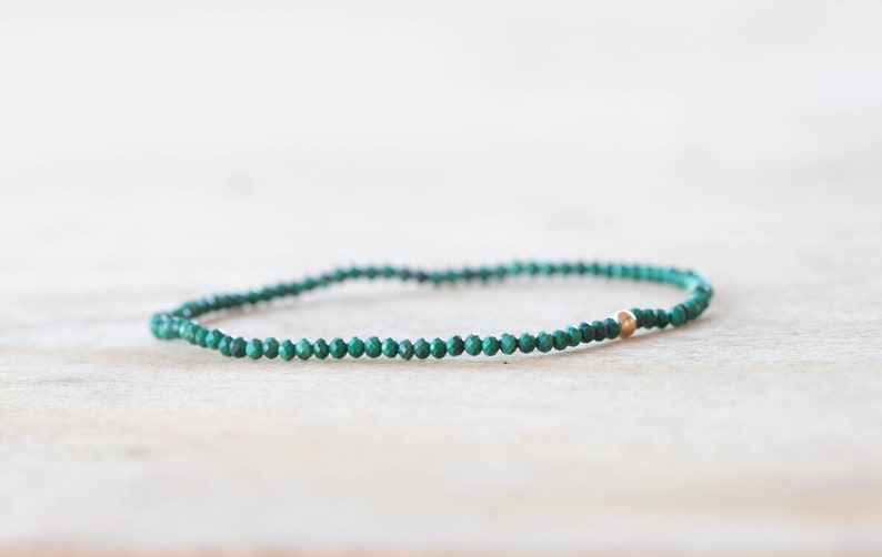 Malachite Stretch Bracelet, Delicate Beaded Green Gemstone Jewelry, Genuine Small Faceted Gemstones