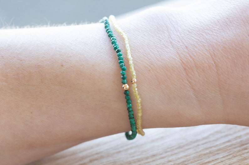 Malachite Stretch Bracelet, Delicate Beaded Green Gemstone Jewelry, Genuine Small Faceted Gemstones
