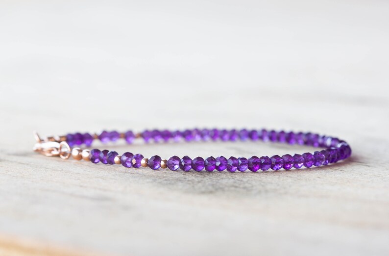 Amethyst Bracelet, Beaded February Birthstone Jewelry, Delicate Purple Gemstones, Sterling Silver or Rose Gold Filled