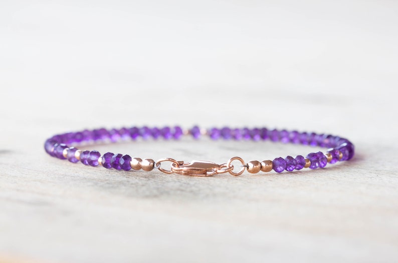 Amethyst Bracelet, Beaded February Birthstone Jewelry, Delicate Purple Gemstones, Sterling Silver or Rose Gold Filled