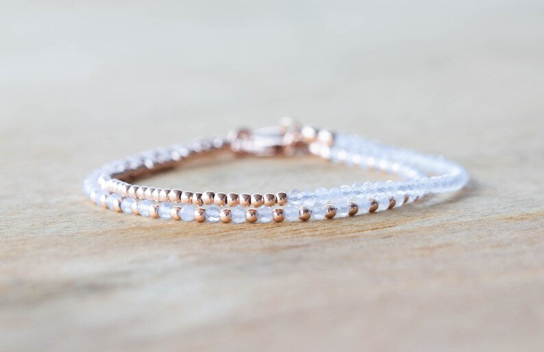 Delicate Chalcedony Bracelet Set, Sterling Silver or Rose Gold Filled, Dainty Powder Blue Gemstone Jewelry