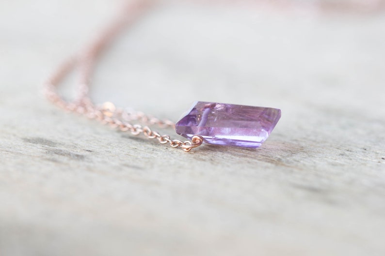 Amethyst Baguette Pendant on Sterling Silver, Oxidized Sterling or Rose Gold Filled Chain, Dainty Delicate Light Purple Gemstone Jewelry