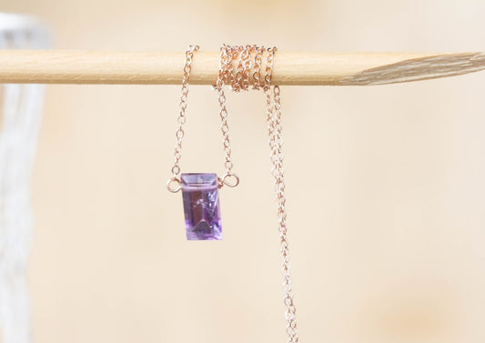 Amethyst Baguette Pendant on Sterling Silver, Oxidized Sterling or Rose Gold Filled Chain, Dainty Delicate Light Purple Gemstone Jewelry