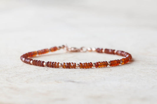 Hessonite Garnet Bracelet with Rose Gold Fill or Sterling Silver, Delicate Gemstone Beaded Jewelry, January Birthstone