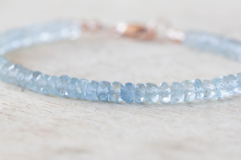 Aquamarine Bracelet with Sterling Silver or Rose Gold Filled, Beaded March Birthstone Jewelry, Genuine Gemstones