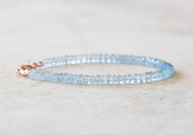 Aquamarine Bracelet with Sterling Silver or Rose Gold Filled, Beaded March Birthstone Jewelry, Genuine Gemstones