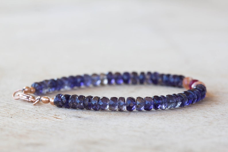 Iolite Bracelet with Ruby & Sunstone, Sterling Silver or Rose Gold Filled, Beaded Multi Gemstone Stacking Jewelry