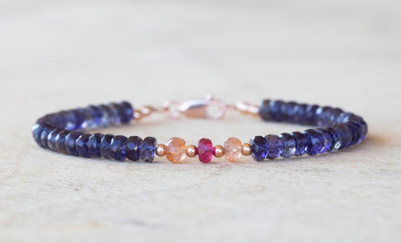 Iolite Bracelet with Ruby & Sunstone, Sterling Silver or Rose Gold Filled, Beaded Multi Gemstone Stacking Jewelry