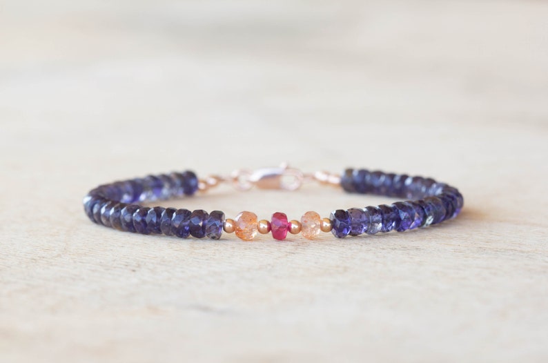 Iolite Bracelet with Ruby & Sunstone, Sterling Silver or Rose Gold Filled, Beaded Multi Gemstone Stacking Jewelry