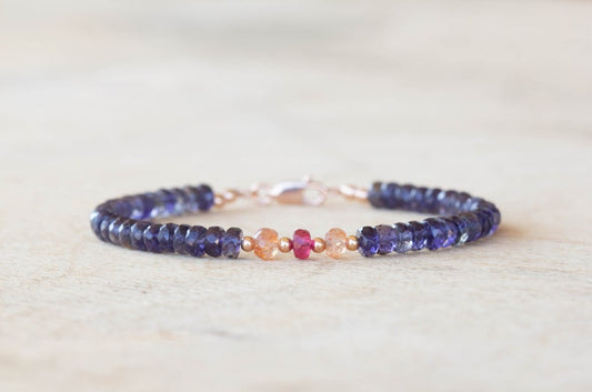 Iolite Bracelet with Ruby & Sunstone, Sterling Silver or Rose Gold Filled, Beaded Multi Gemstone Stacking Jewelry