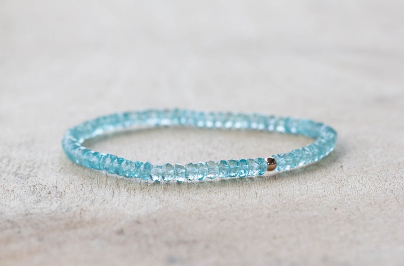 Aqua Apatite Stretch Bracelet, Dainty Blue Beaded Gemstone Elastic Stacking Jewelry