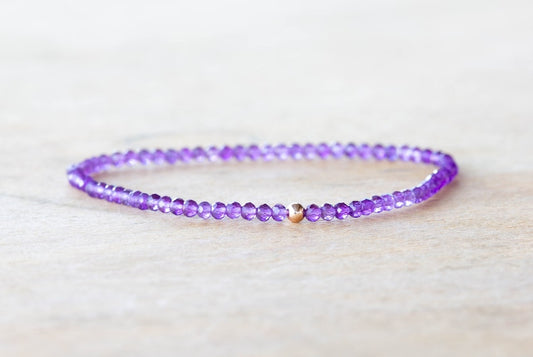 Amethyst Stretch Bracelet, Beaded Dainty Purple Elastic Jewelry, February Birthstone