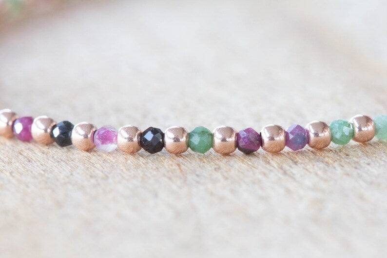 Ruby Zoisite Bracelet Set, Sterling Silver or Rose Gold Filled, Delicate Dainty Gemstone Jewelry