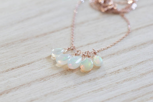 Opal Cluster Pendant on Gold Filled or Sterling Silver Chain, Delicate Ethiopian Welo Opal Necklace, October Birthstone Jewelry, Rose Gold