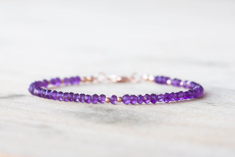 Amethyst Bracelet, Beaded February Birthstone Jewelry, Delicate Purple Gemstones, Sterling Silver or Rose Gold Filled