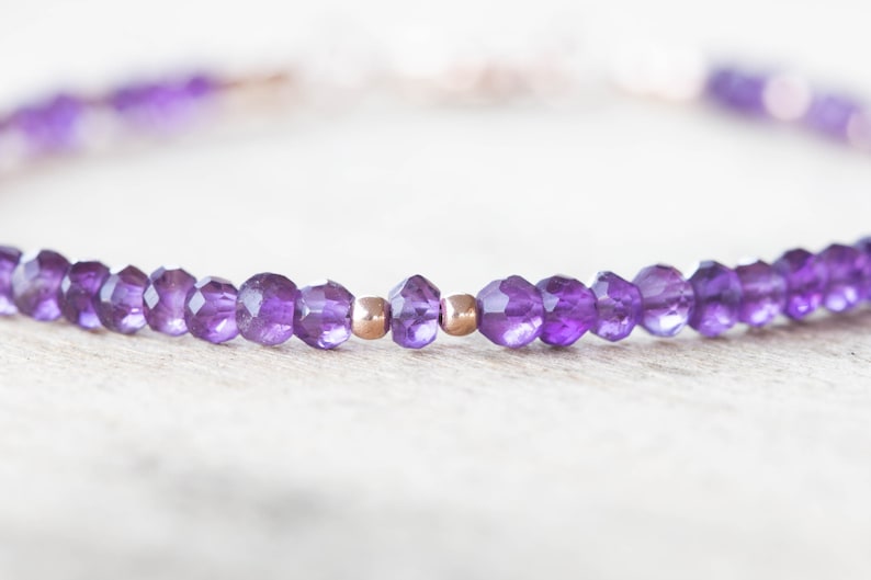 Amethyst Bracelet, Beaded February Birthstone Jewelry, Delicate Purple Gemstones, Sterling Silver or Rose Gold Filled