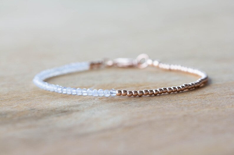 Delicate Chalcedony Bracelet Set, Sterling Silver or Rose Gold Filled, Dainty Powder Blue Gemstone Jewelry