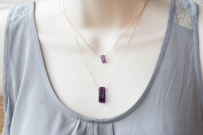 Amethyst Baguette Pendant on Sterling Silver, Oxidized Sterling or Rose Gold Filled Chain, Dainty Delicate Light Purple Gemstone Jewelry