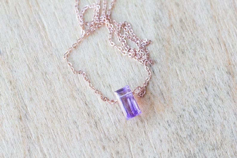 Amethyst Baguette Pendant on Sterling Silver, Oxidized Sterling or Rose Gold Filled Chain, Dainty Delicate Light Purple Gemstone Jewelry