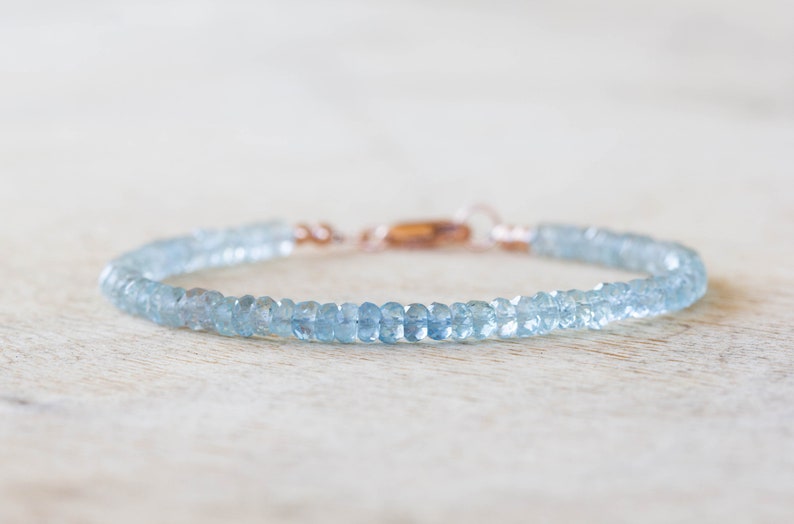 Aquamarine Bracelet with Sterling Silver or Rose Gold Filled, Beaded March Birthstone Jewelry, Genuine Gemstones
