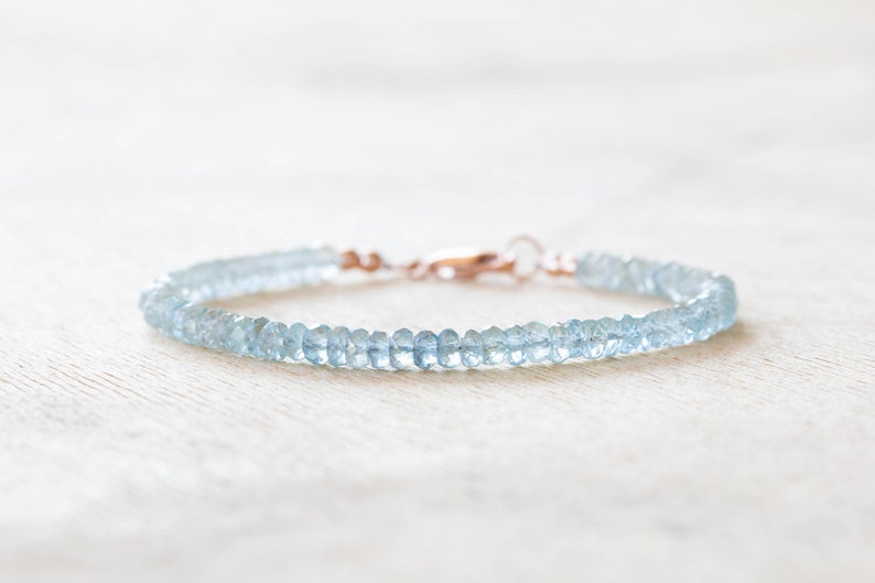 Aquamarine Bracelet with Sterling Silver or Rose Gold Filled, Beaded March Birthstone Jewelry, Genuine Gemstones