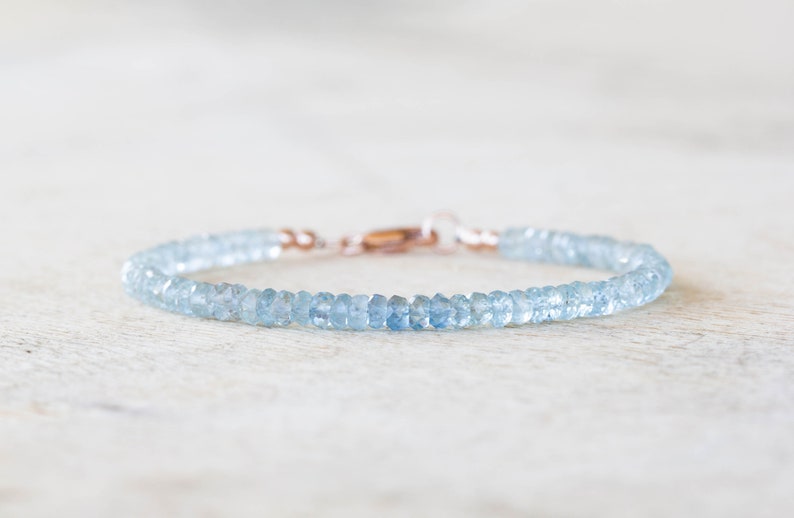 Aquamarine Bracelet with Sterling Silver or Rose Gold Filled, Beaded March Birthstone Jewelry, Genuine Gemstones