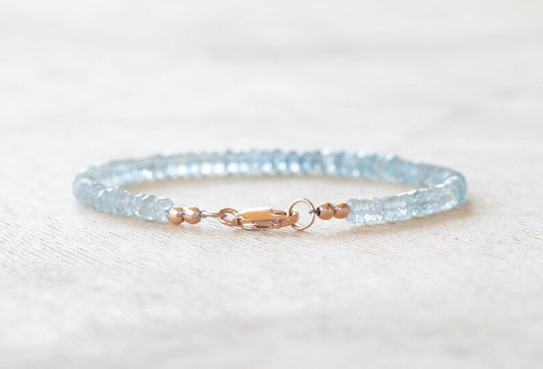 Aquamarine Bracelet with Sterling Silver or Rose Gold Filled, Beaded March Birthstone Jewelry, Genuine Gemstones
