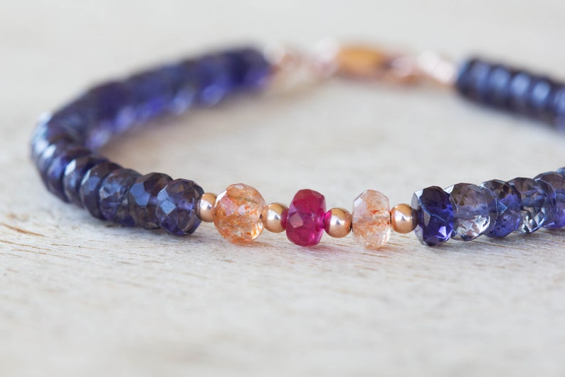 Iolite Bracelet with Ruby & Sunstone, Sterling Silver or Rose Gold Filled, Beaded Multi Gemstone Stacking Jewelry
