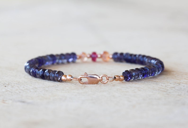 Iolite Bracelet with Ruby & Sunstone, Sterling Silver or Rose Gold Filled, Beaded Multi Gemstone Stacking Jewelry